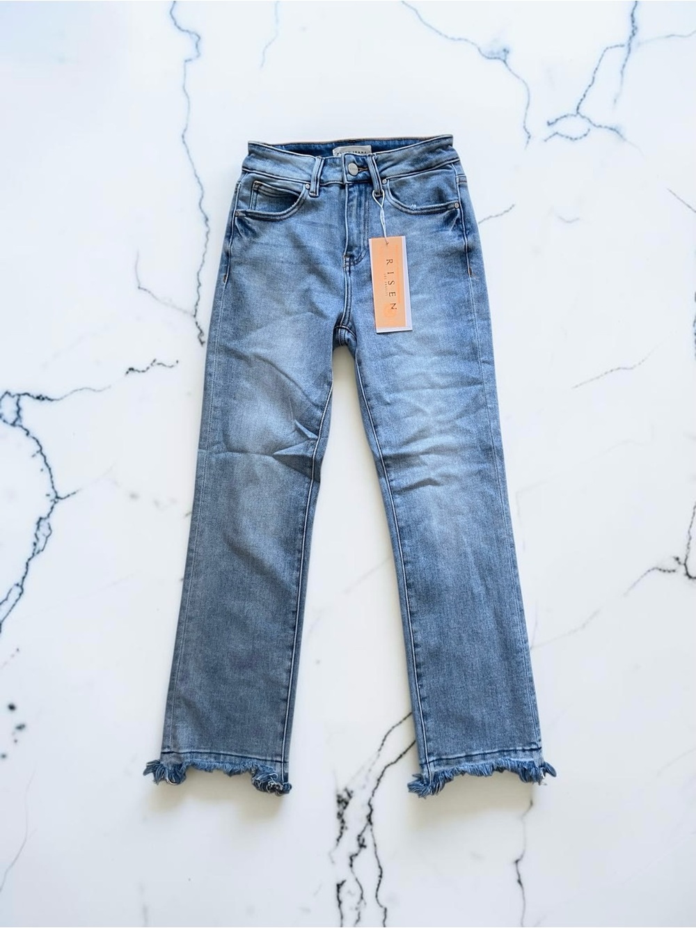 SIZE 1 Risen Light Blue Cropped Straight Jeans with Frayed Hem